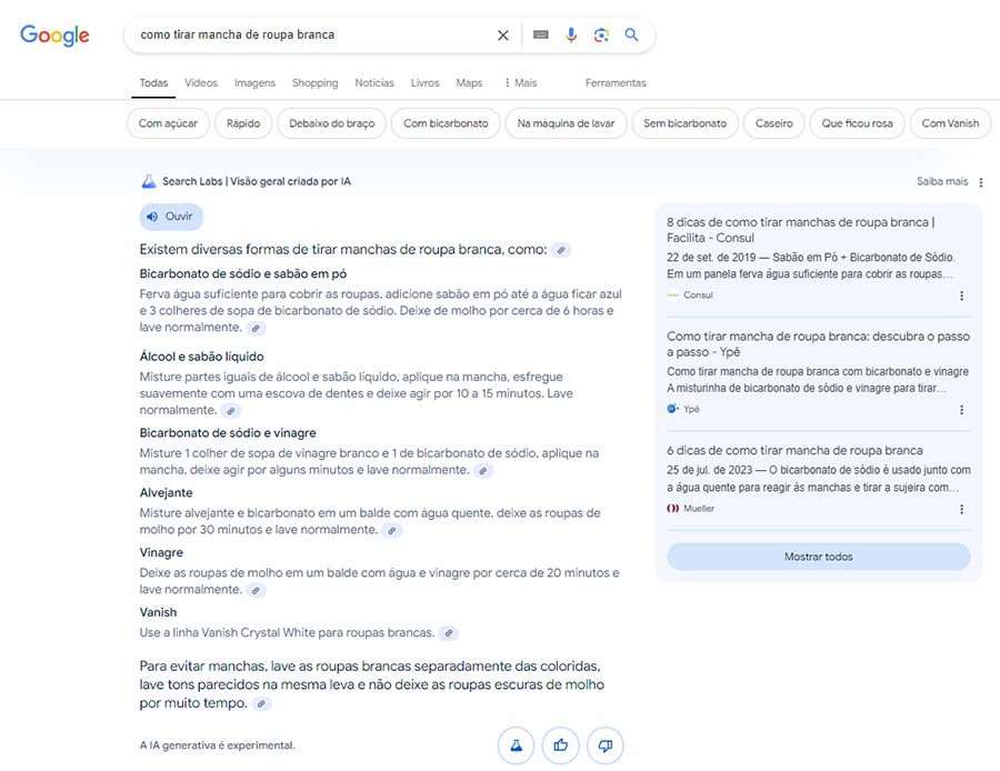 Exemplo de busca generativa com Google SGE