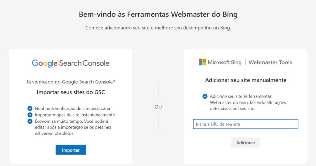 cadastrar site no Bing Webmaster Tools