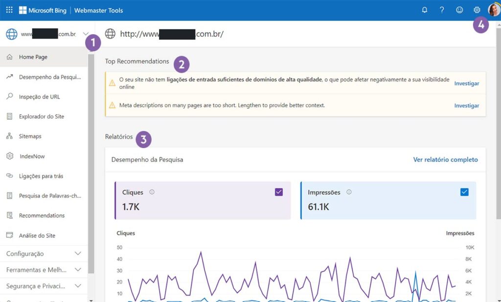 painel do Bing Webmaster Tools