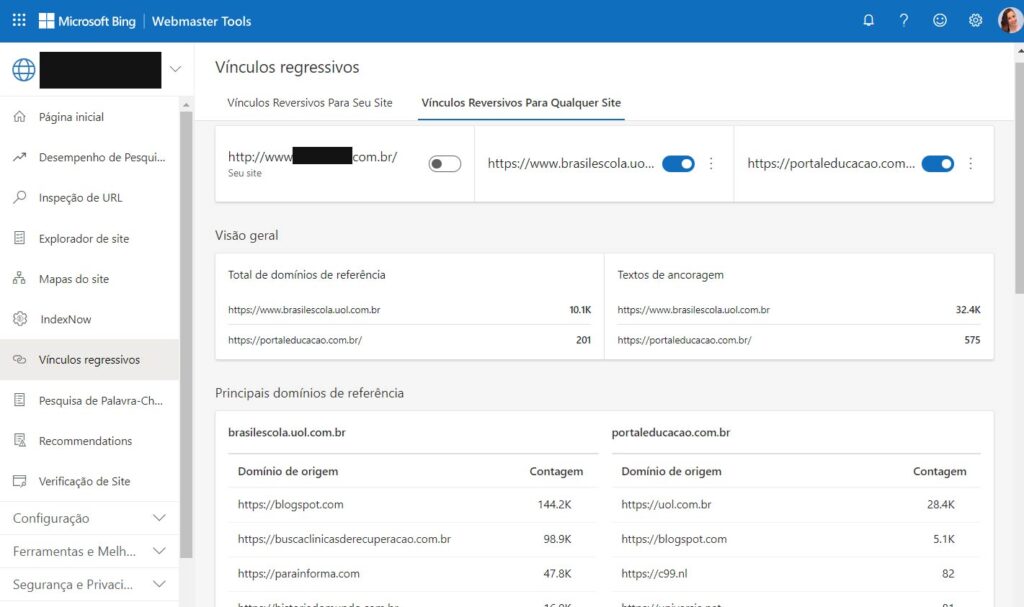 Relatório de Links Externos Bing Webmaster Tools